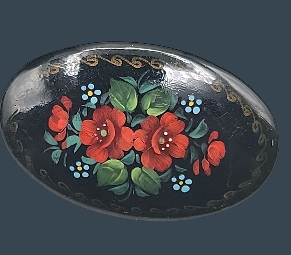Vintage Traditional Hand Painted Russian Black Lacquer Red Floral Oval Brooch