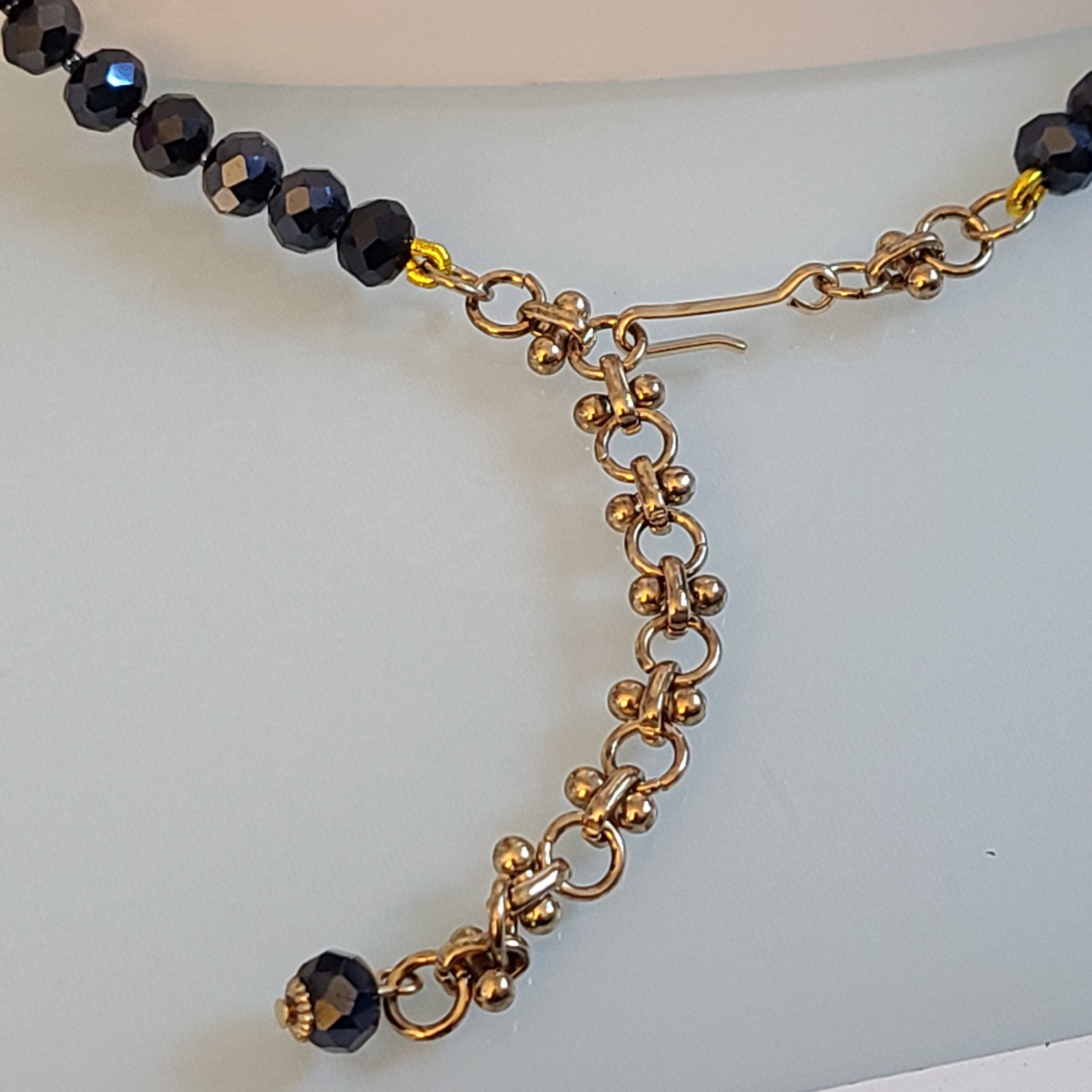 Signed Lihangyuan Twin Flying Birds Necklace Blue Rhinestone Black Bead 5″ Drop