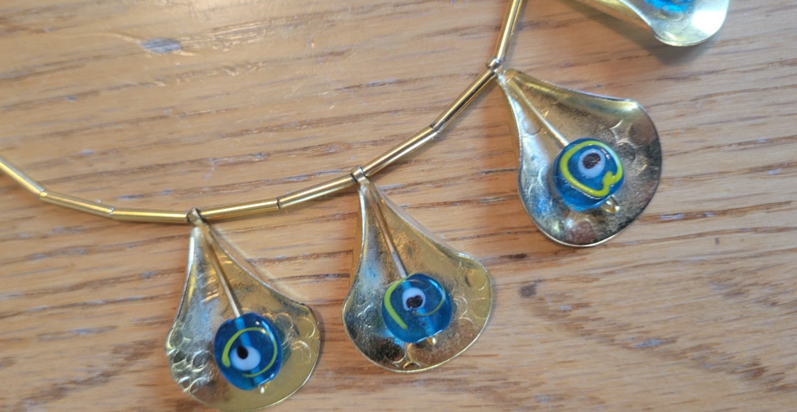Vintage Necklace Leaf Shaped Pendants with Peacock / Evil Eye Bead