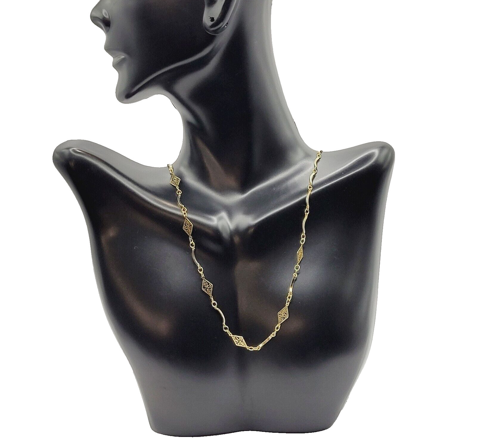 Filigree Marquise Shape Station Necklace Gold Tone Vintage Chain Choker 15.5 In