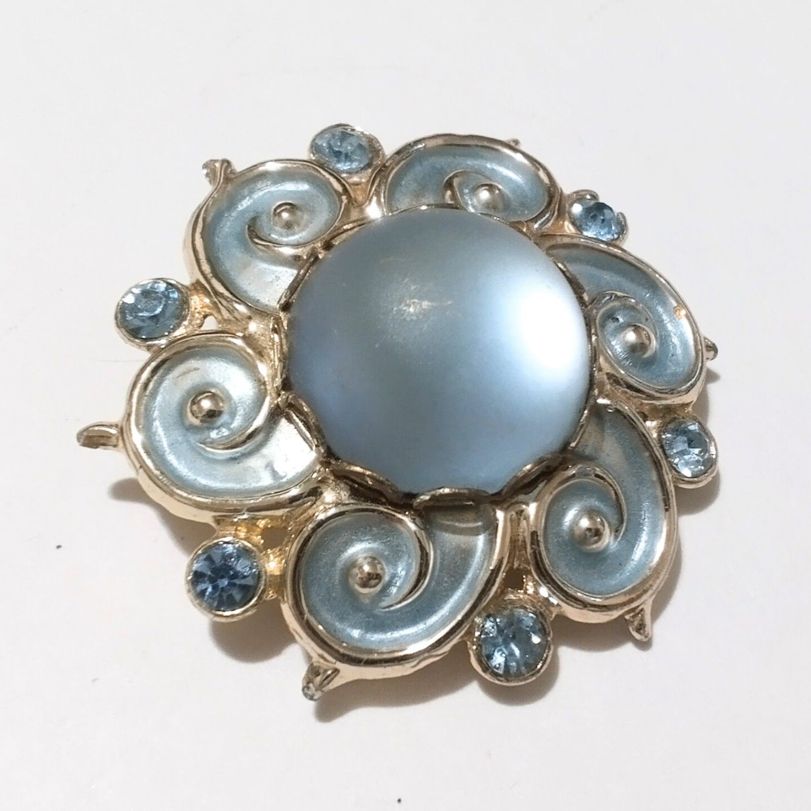 Vintage Blue Enamel Cabochon Rhinestone Gold Tone Brooch Pin