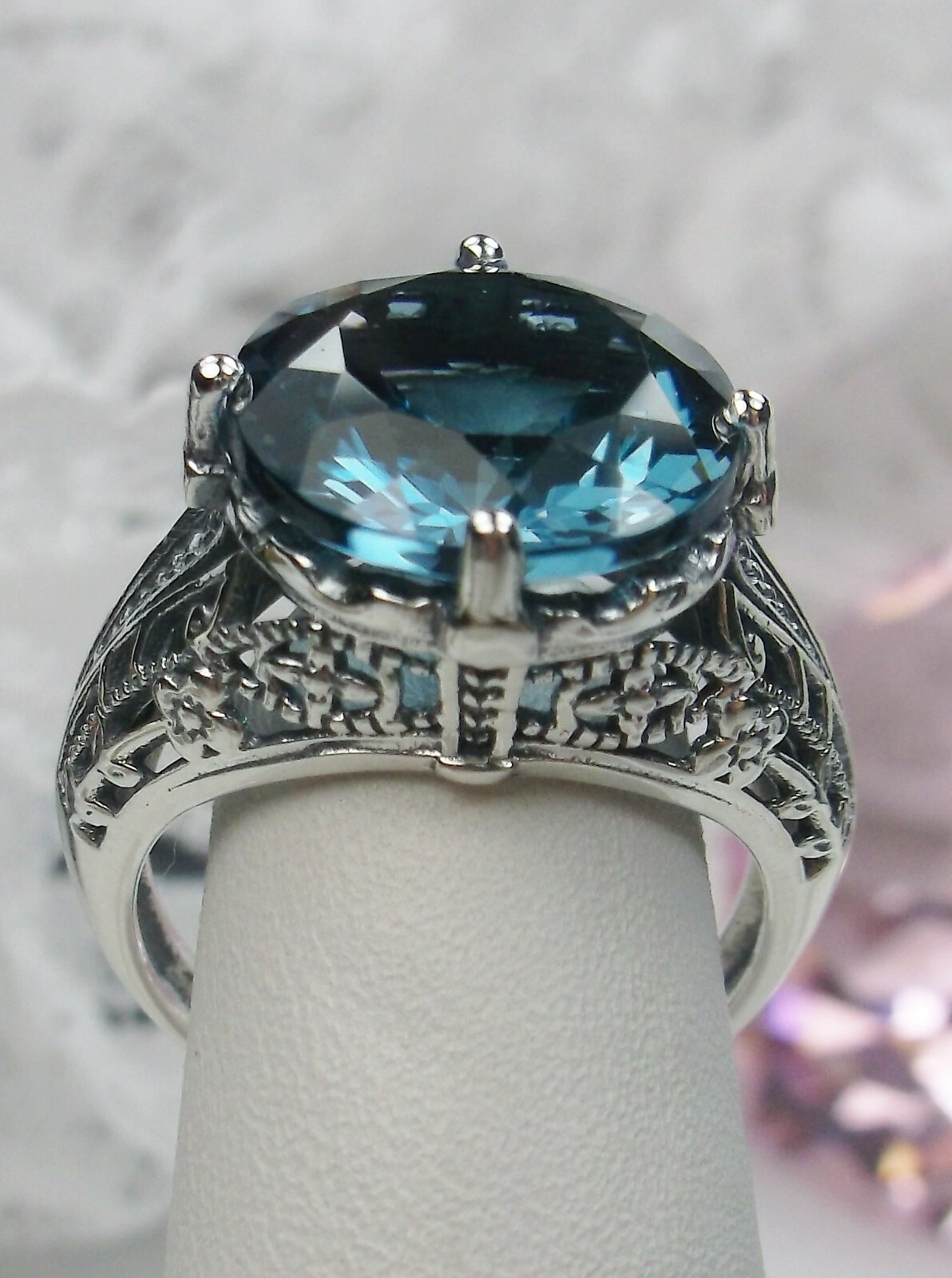 NATURAL London Blue Topaz Sterling Silver Filigree Ring Made To Order D#54