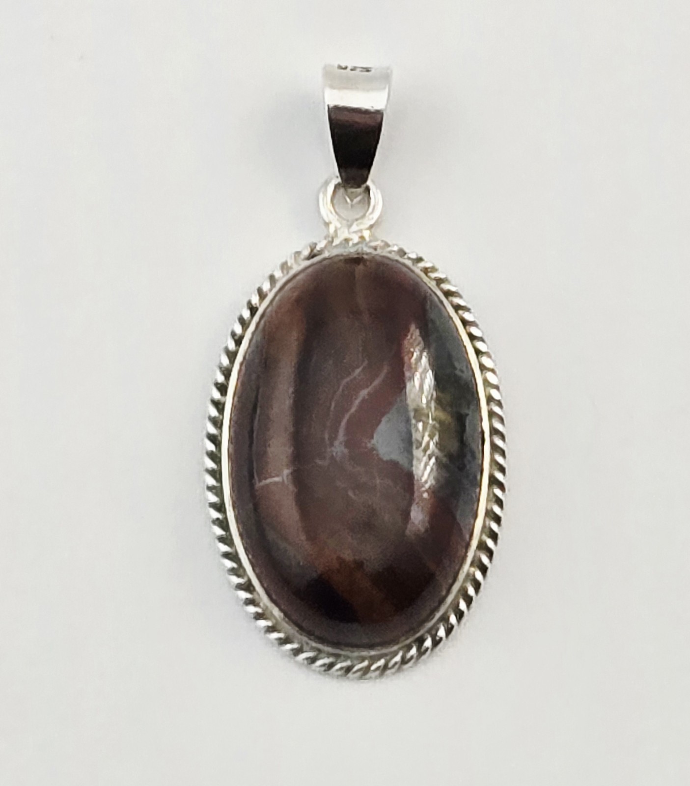 Vintage Sterling Silver Oval Gemstone Pendant 2.6g – Tiger Iron / Banded Jasper