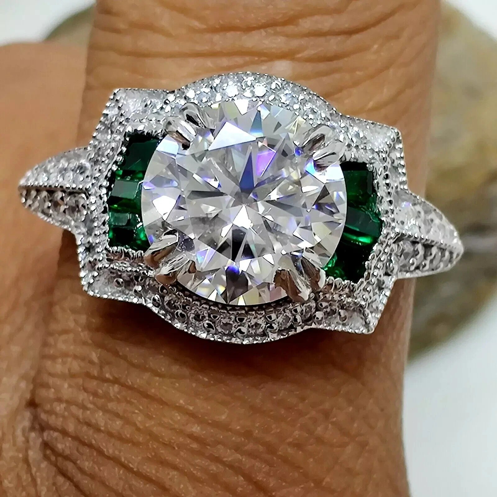 2.85Ct Vintage Lab Created Diamond & Emerald Engagement 14k White Gold FN Ring