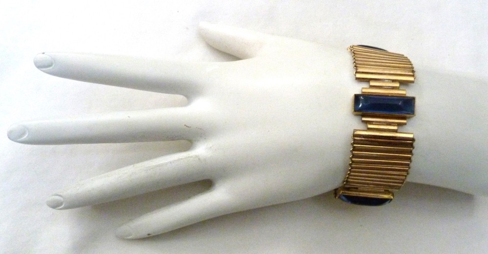 VTG KOLLMAR & JOURDAN ROLLED GOLD ART DECO LINKS SAPPHIRE BLUE GLASS BRACELET
