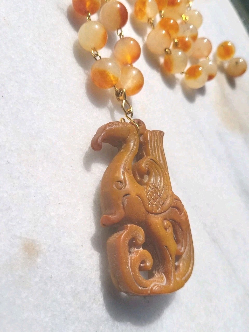 VINTAGE CARVED JADE PHOENIX DRAGON PENDANT JADE GEM BEAD WIRE NECKLACE SET OOAK