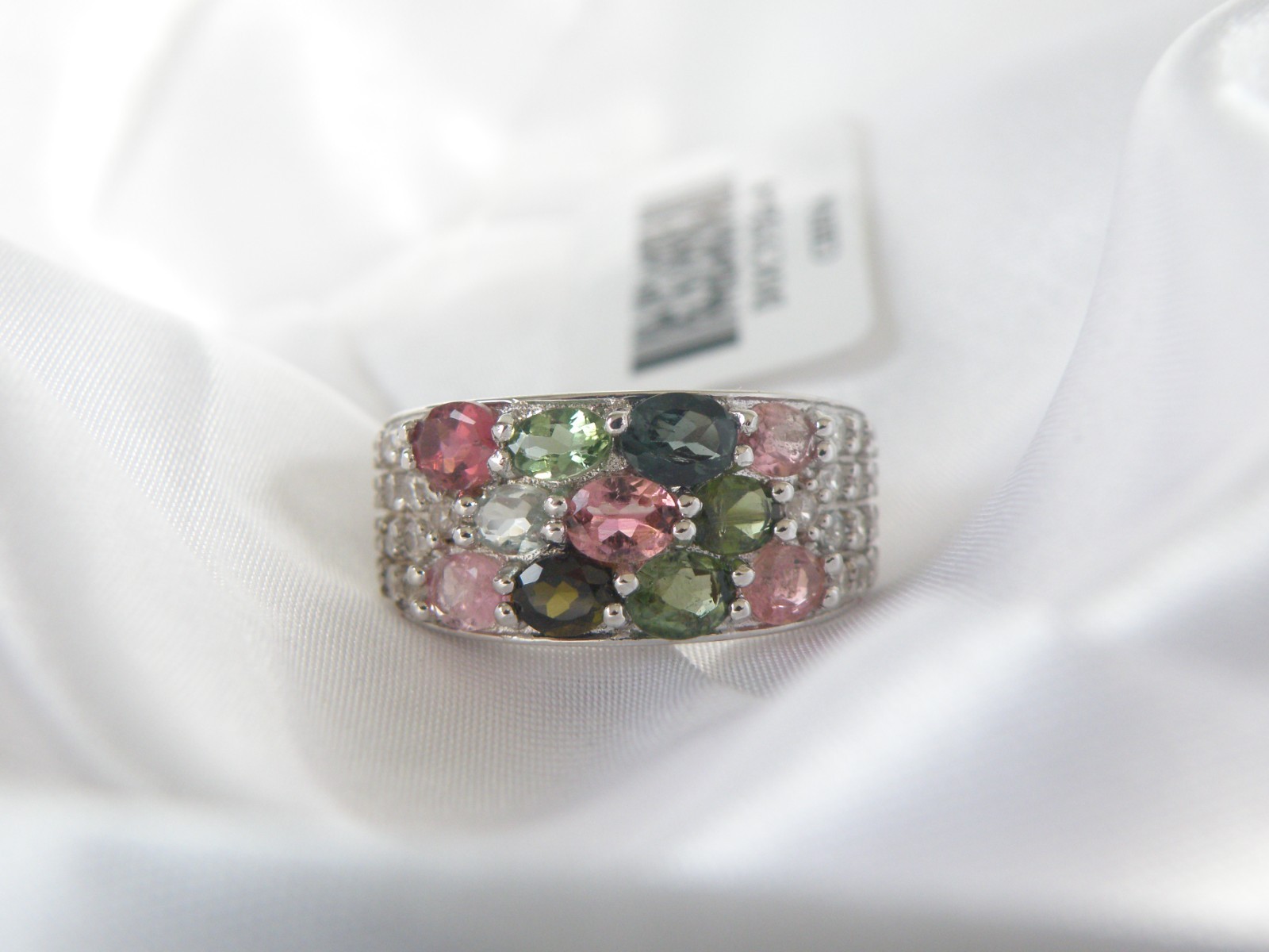 Sterling Silver 925 Multi Row Natural Tourmaline Ring Size 8