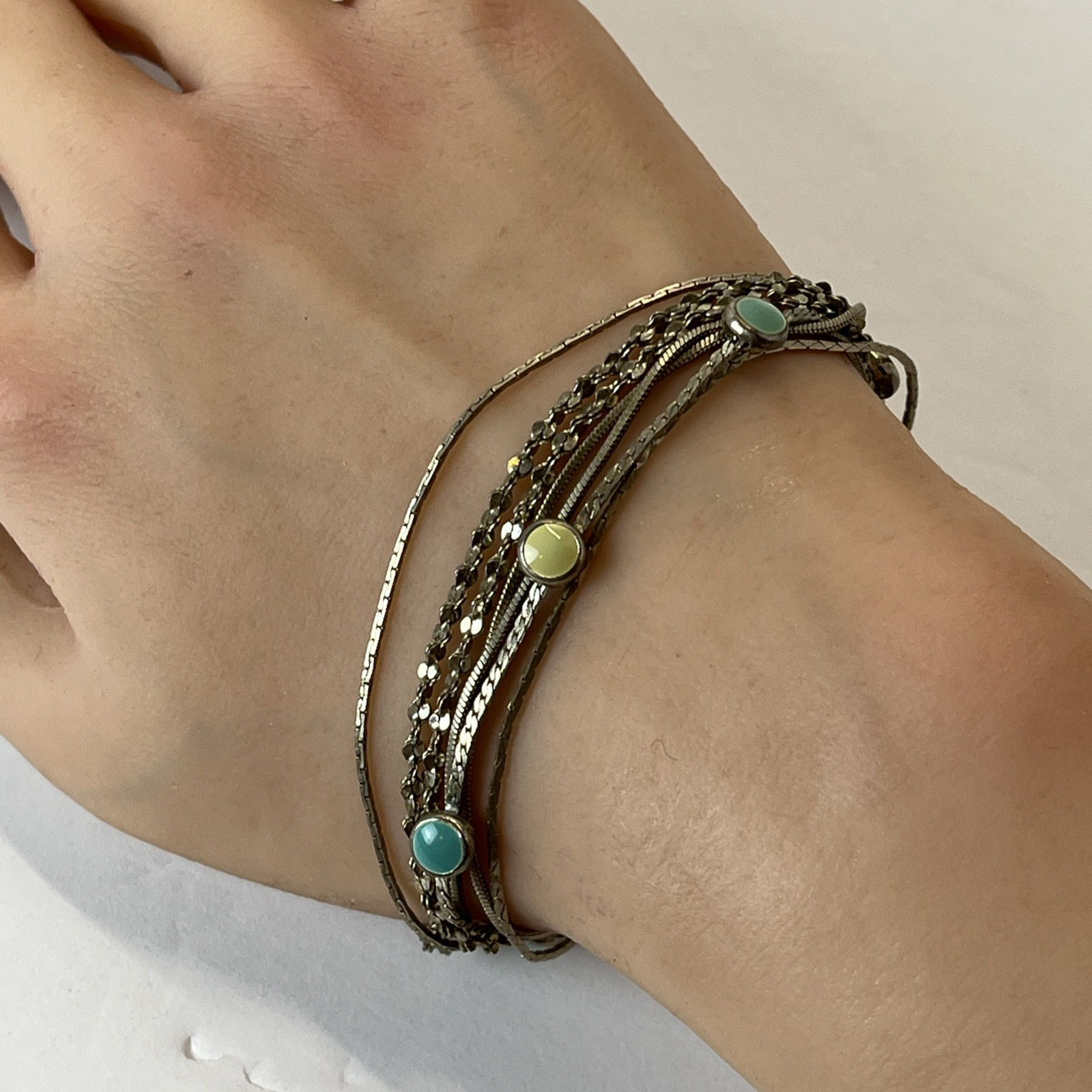 Natural Stone & Multiple Chain Bracelet – Silvertone – 7” – Lobster Claw Clasp