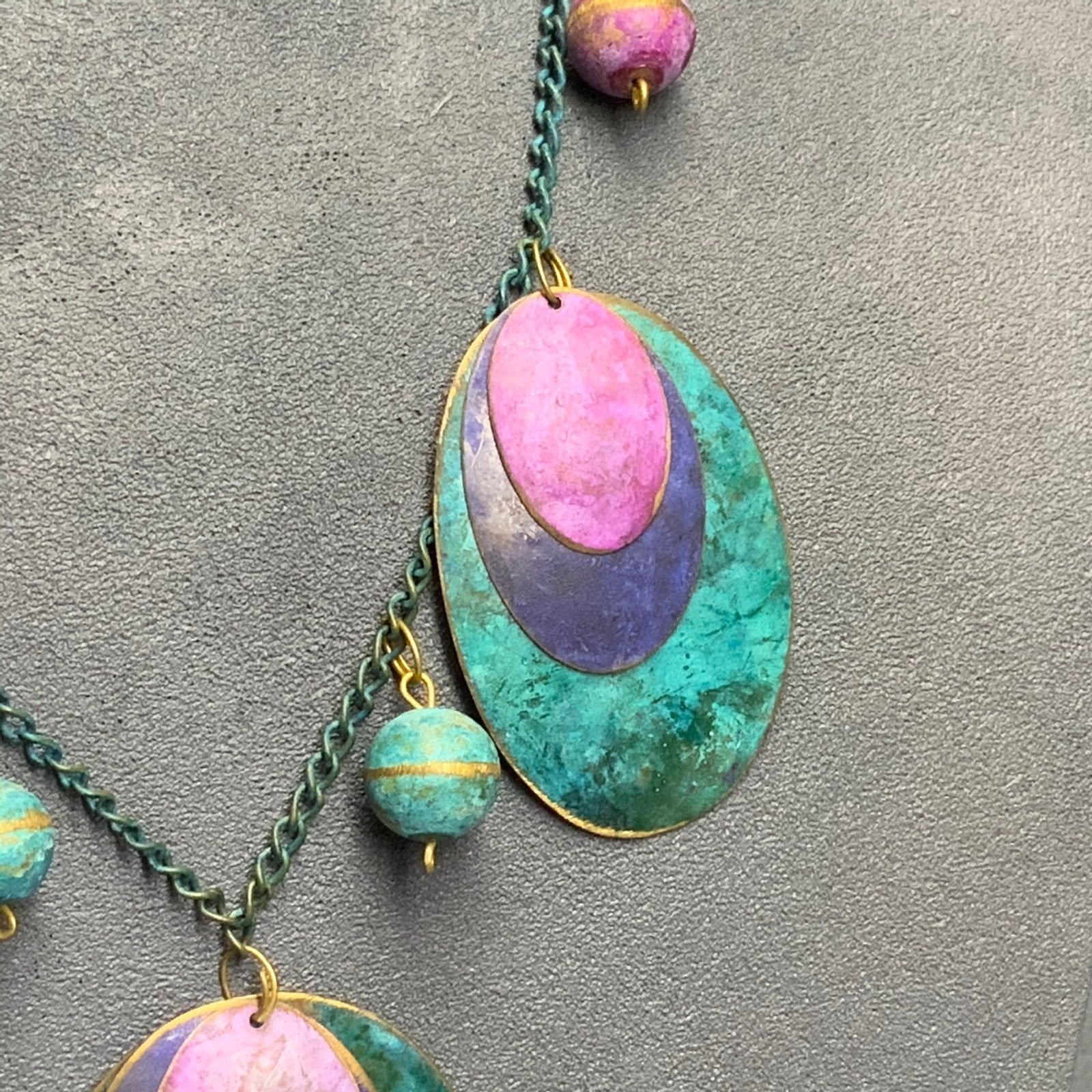 Layered Metal Oval Necklace 25 In Turquoise Blue Pink Purple Gold Rustic Boho