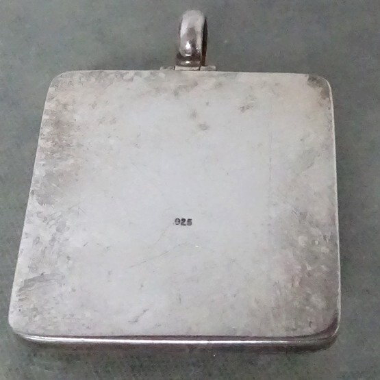 Large Square Hammered 925 Sterling Silver Pendant With Green Cabochon Setting