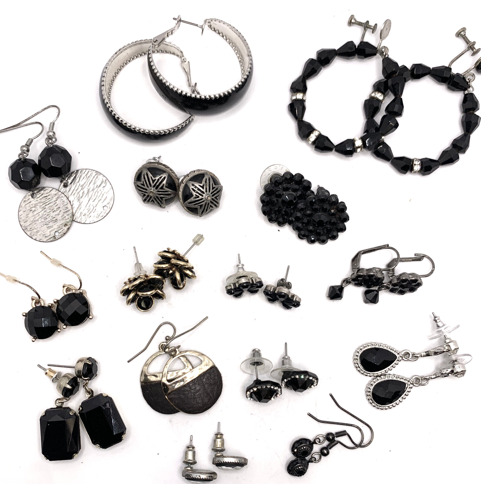 Lot 15 Pair Vtg 1990s 2000s Black Silver Gold Earring Wardrobe Cameo Crystal