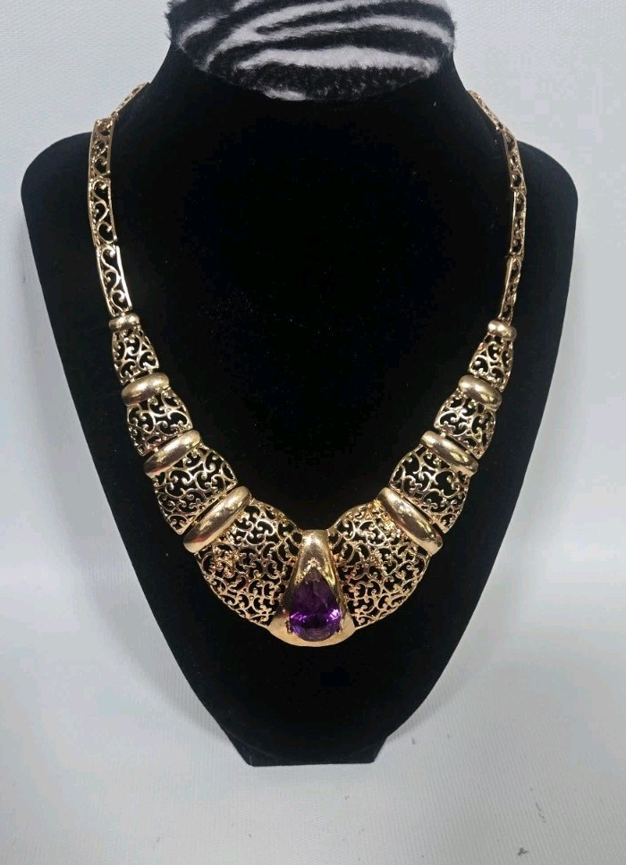 Vintage Large Teardrop Resin Acrylic Amethyst Collar Statement Necklace 18″