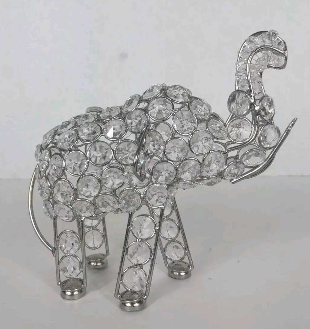 Elaborate Glass Embellished White Crystal Tone Elephant Statue