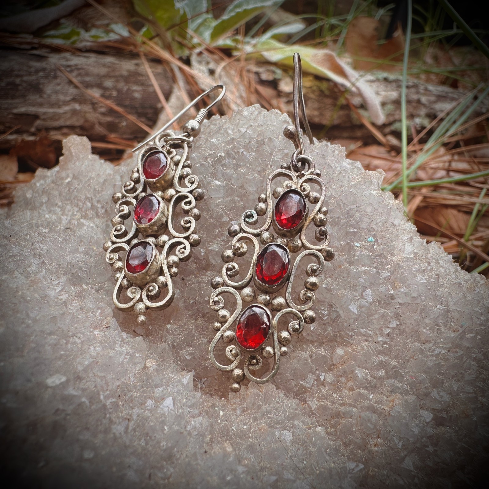 Vintage Sterling Silver 925 Dangle & Filagree Earrings With Red Colored Stone