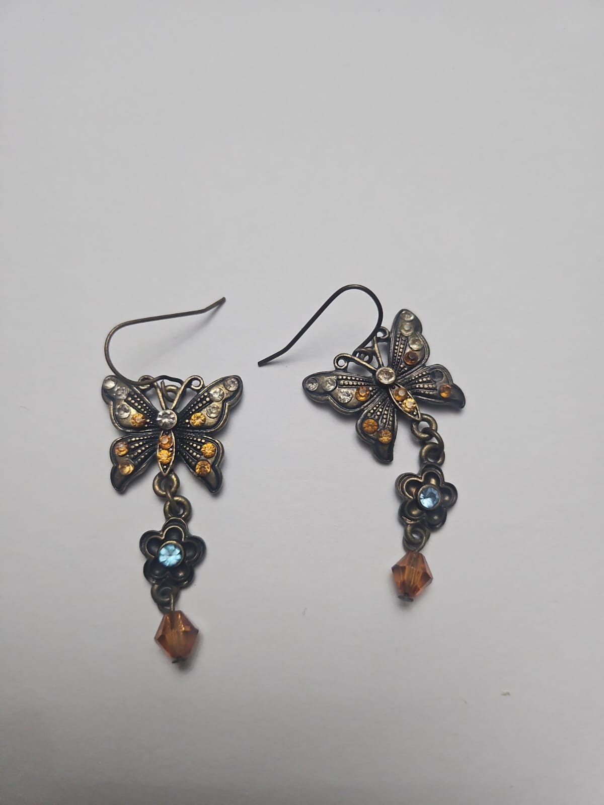 Vintage Butterfly Dangle Earrings Bronze Tone Rhinestone Flower Charm Earrings