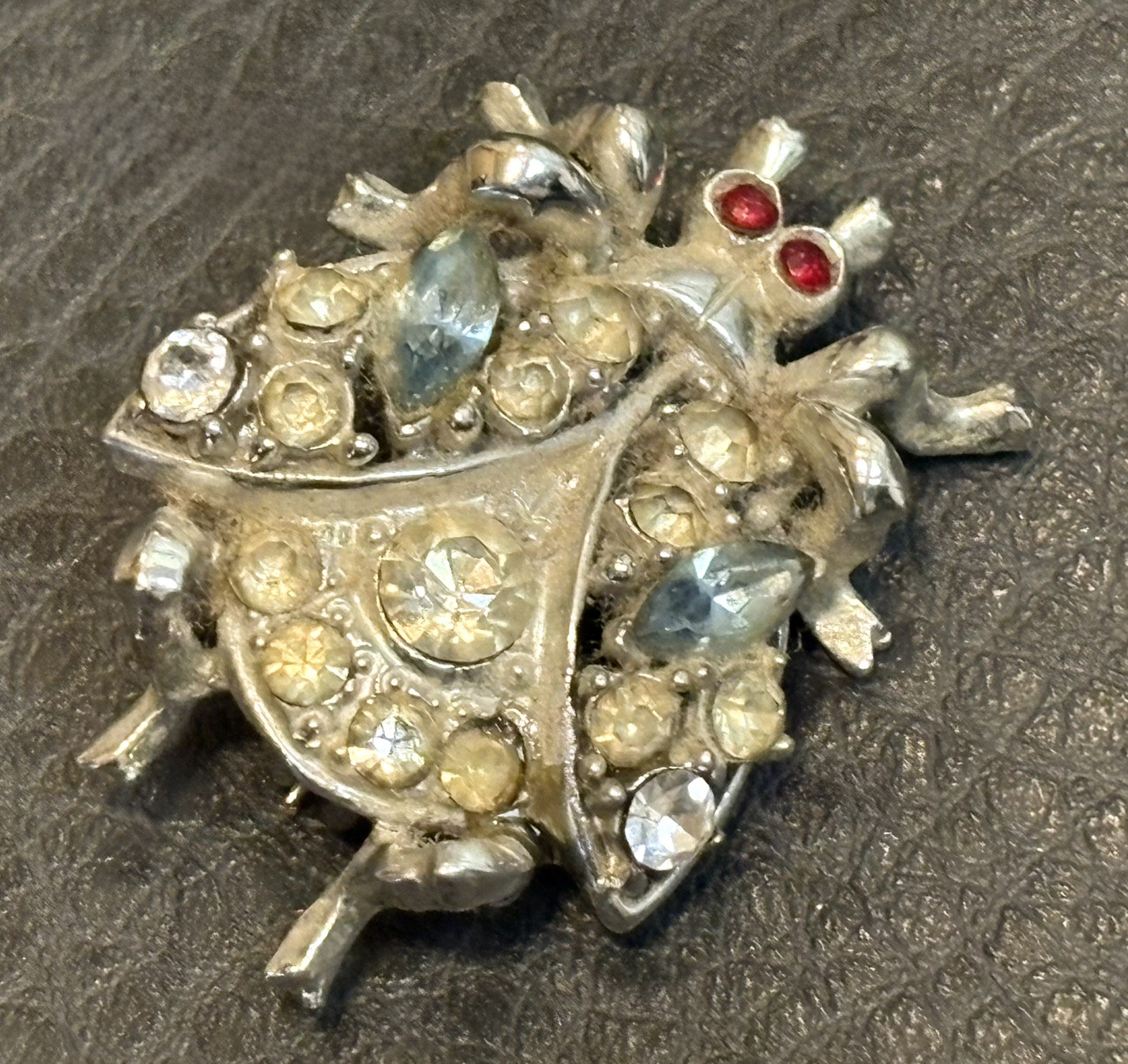 Vintage Art Deco Pot Metal Silver Tone Rhinestone Red Eyes Ladybug Pin Brooch
