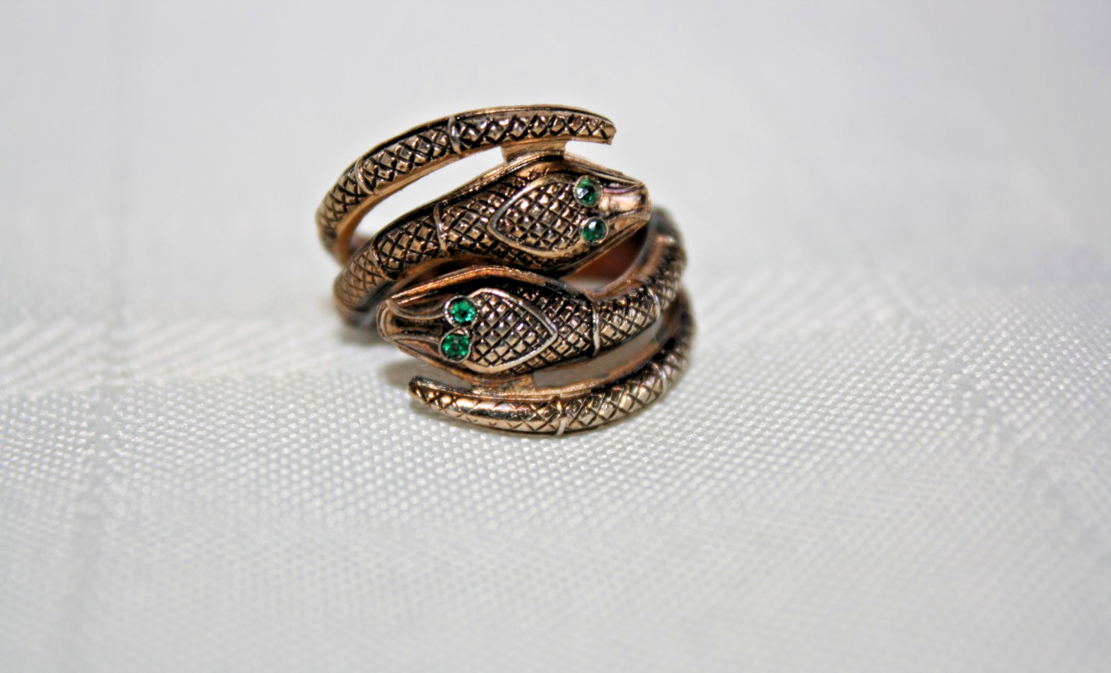 Vintage Signed STERLING ESPO Gold Tone Rhinestone Eye Double Snake Ring Sz 5.5