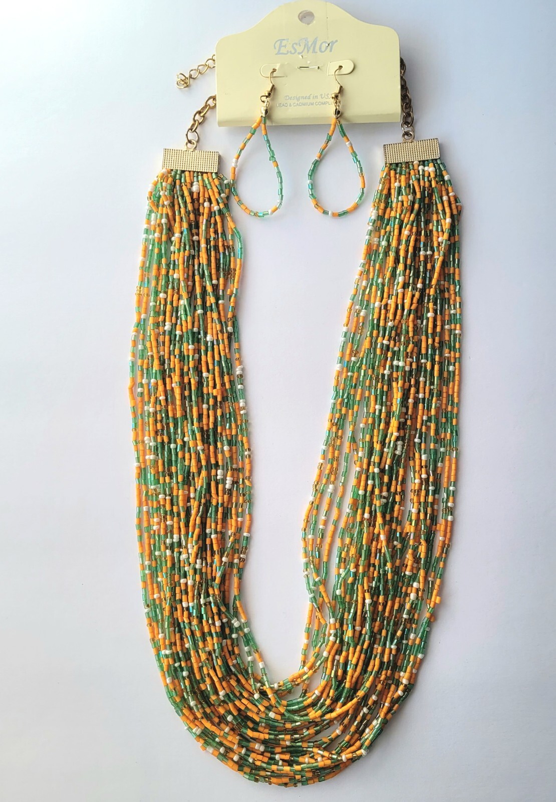 Vtg Orange Green Multistrand Boho Seed Bead Necklace & Earrings Set