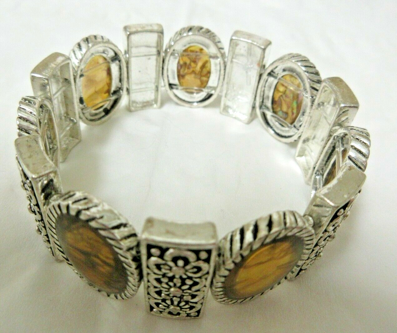 Vintage Ornate Silver Tone Rectangular & Oval Golden & Brown Inserts Bracelet 7″