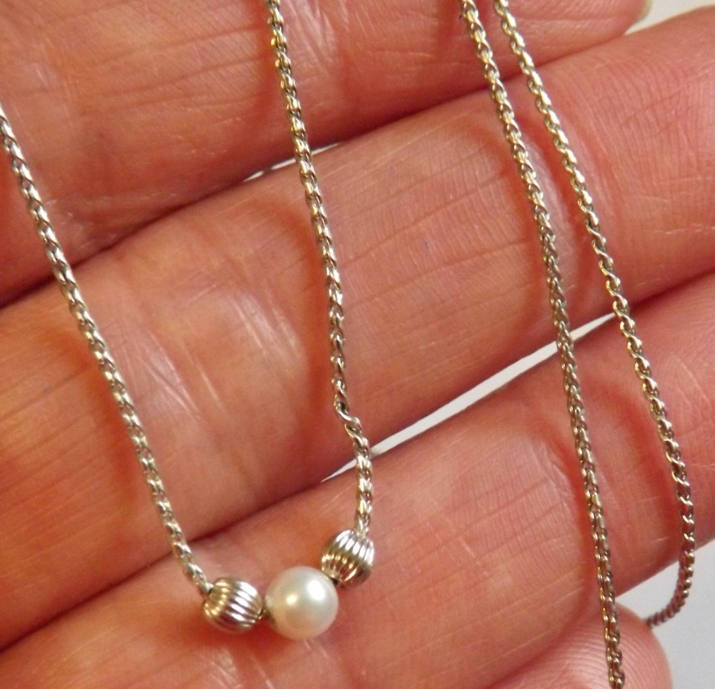 Avon sterling silver floating pearl sliding ribbed ball bead 17″ chain necklace