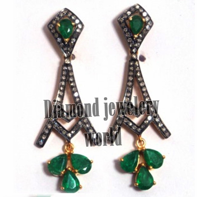 Vintage 1.03ctw Rose Cut Diamond Emerald Studded Silver Gorgeous Earring Jewelry