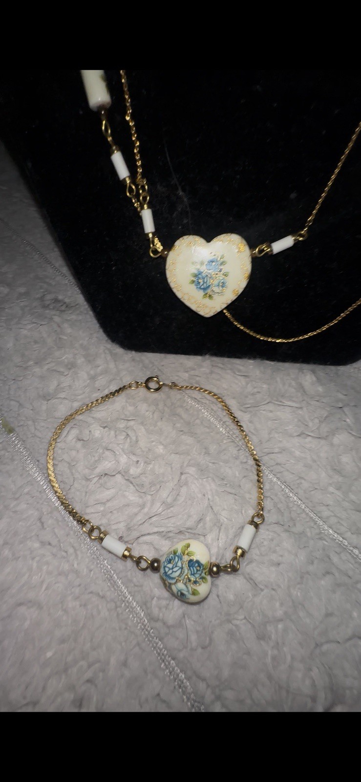Vintage Japanese Tensha Blue Rose Porcelain Heart Necklace With Match Bracelet