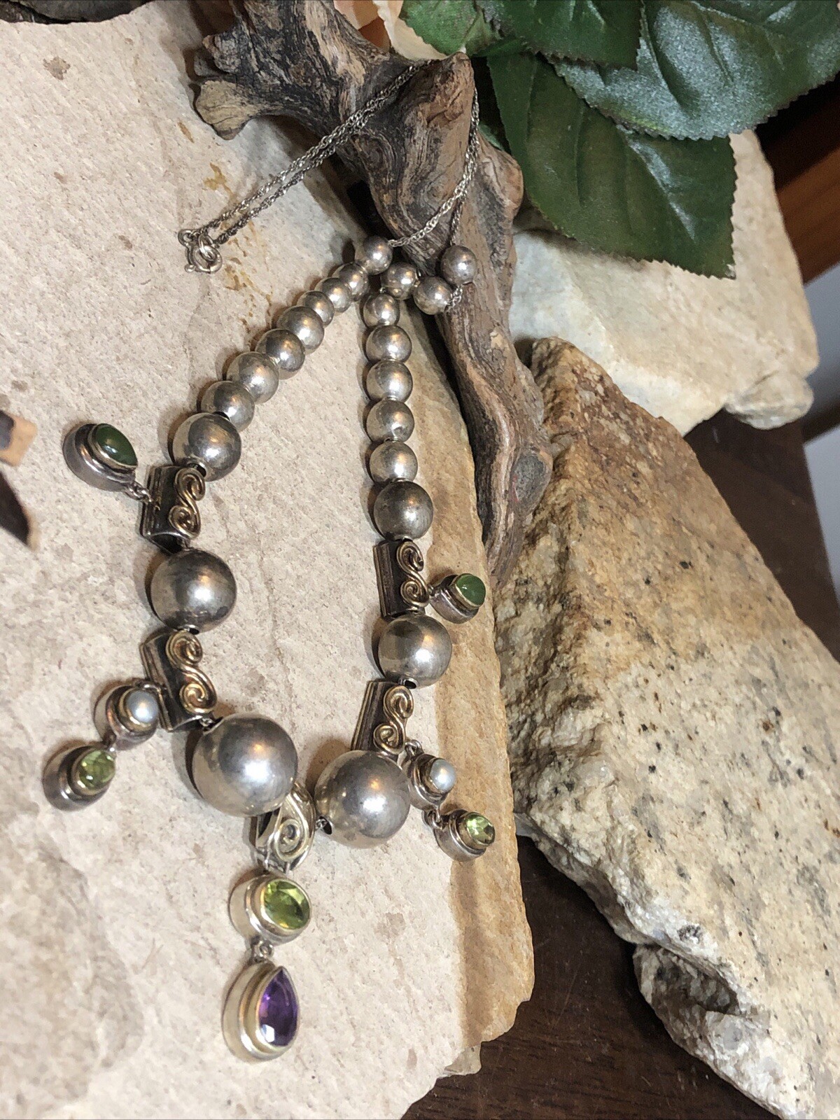 15. Vintage 925 Sterling Silver Ball charm Gemstone Beaded Sliding Necklace 17″
