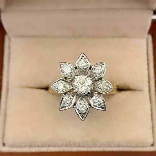 2Ct Art Deco Flower Round Cut Lab Created Diamond 14K Gold FN Anniversary Ring