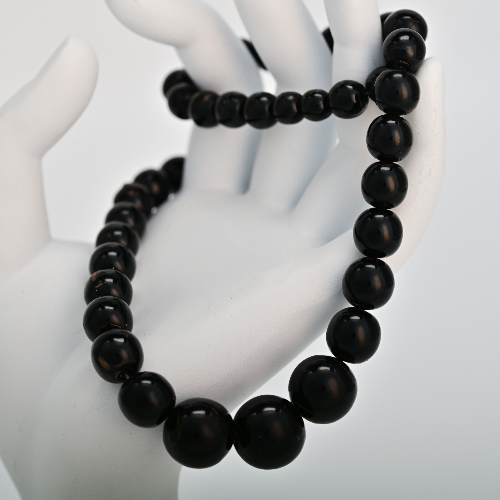 Original Vintage Black Onyx Amber Nephrite Jade Beaded Gemstone Estate Necklace