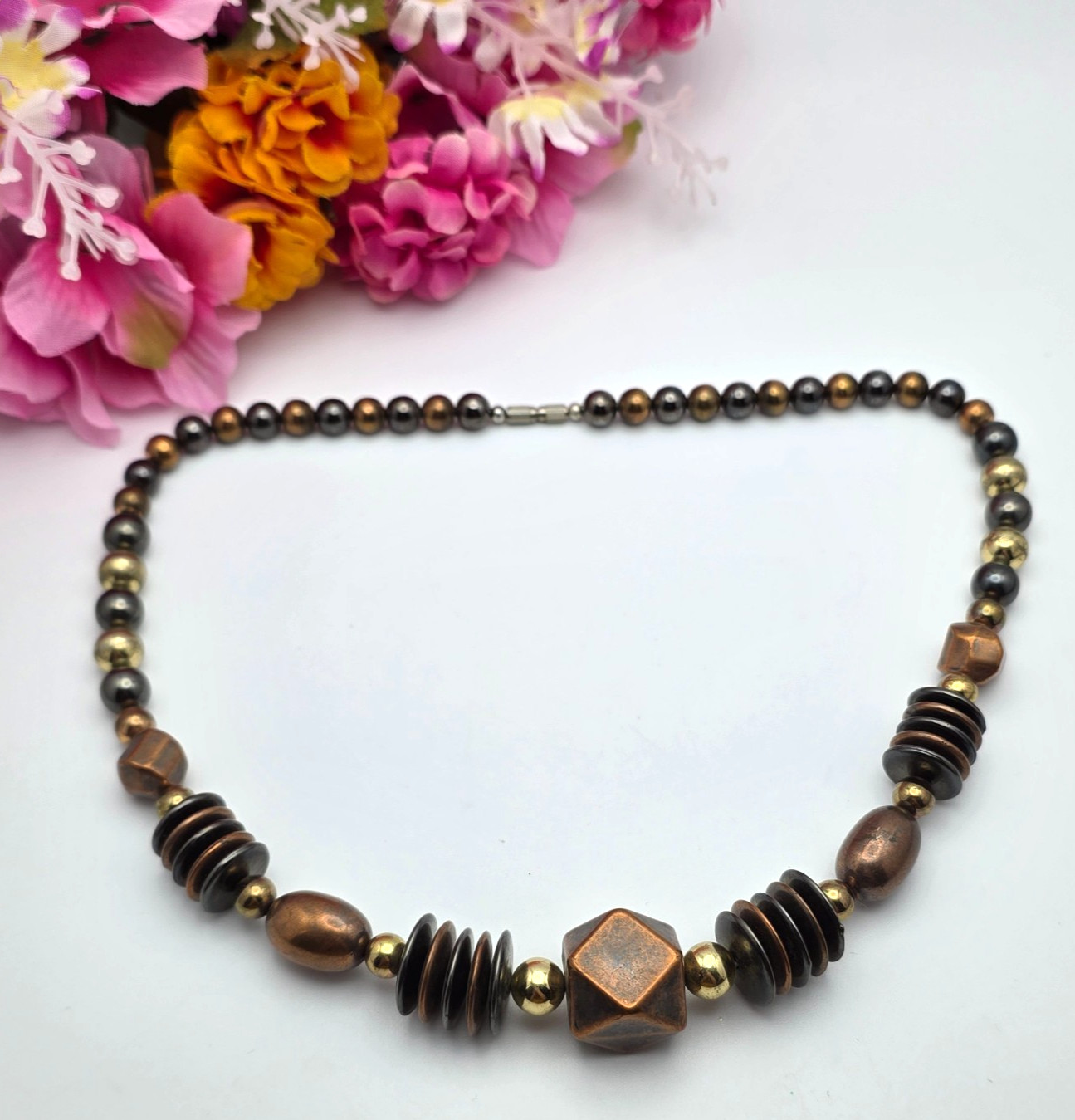Vintage Art Deco Style 3-Tone Beaded Necklace Gold Silver Copper Geometric 21 in