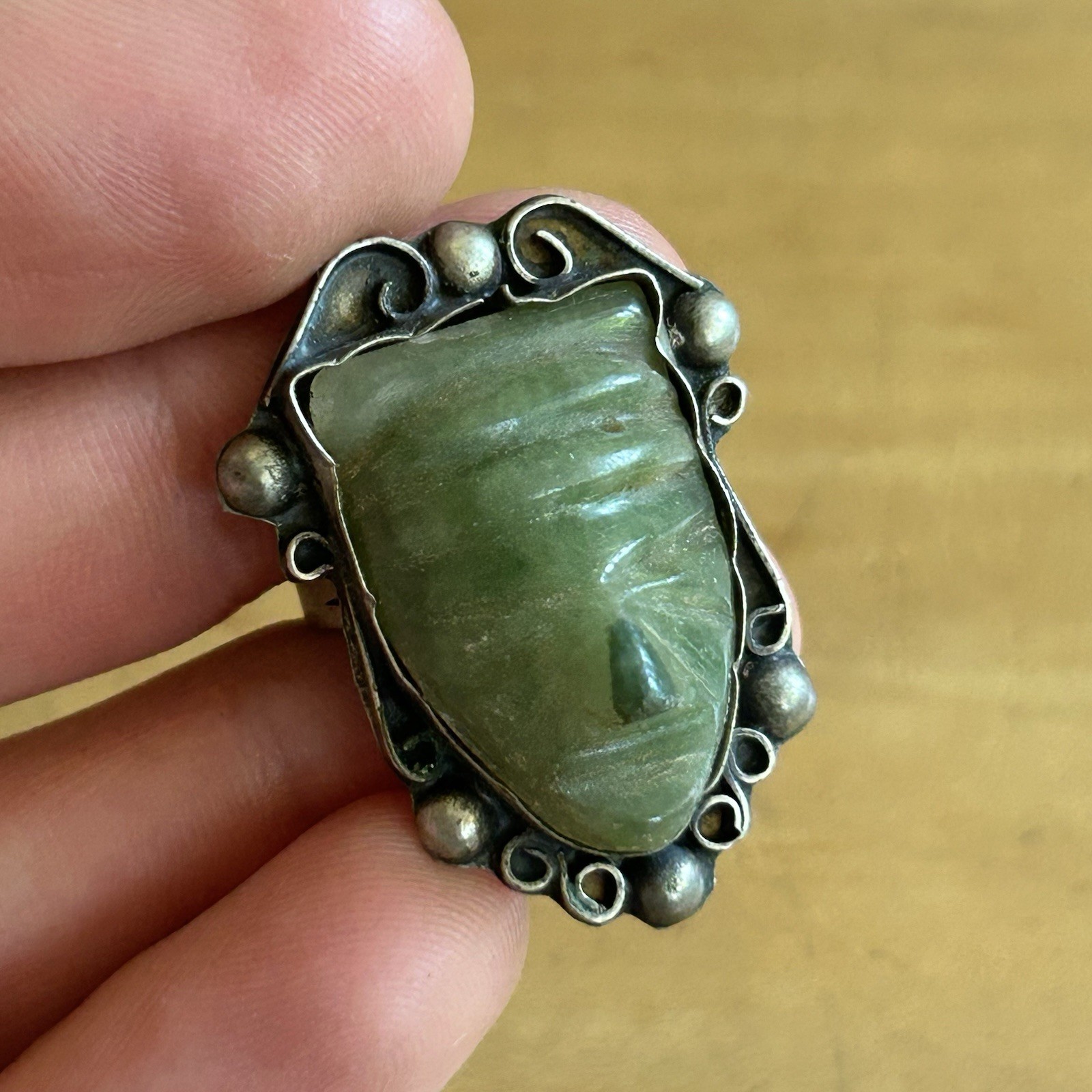 Vintage Antique 50s Silver Tone Metal Mayan Green Onyx Bracelet And Ring Set