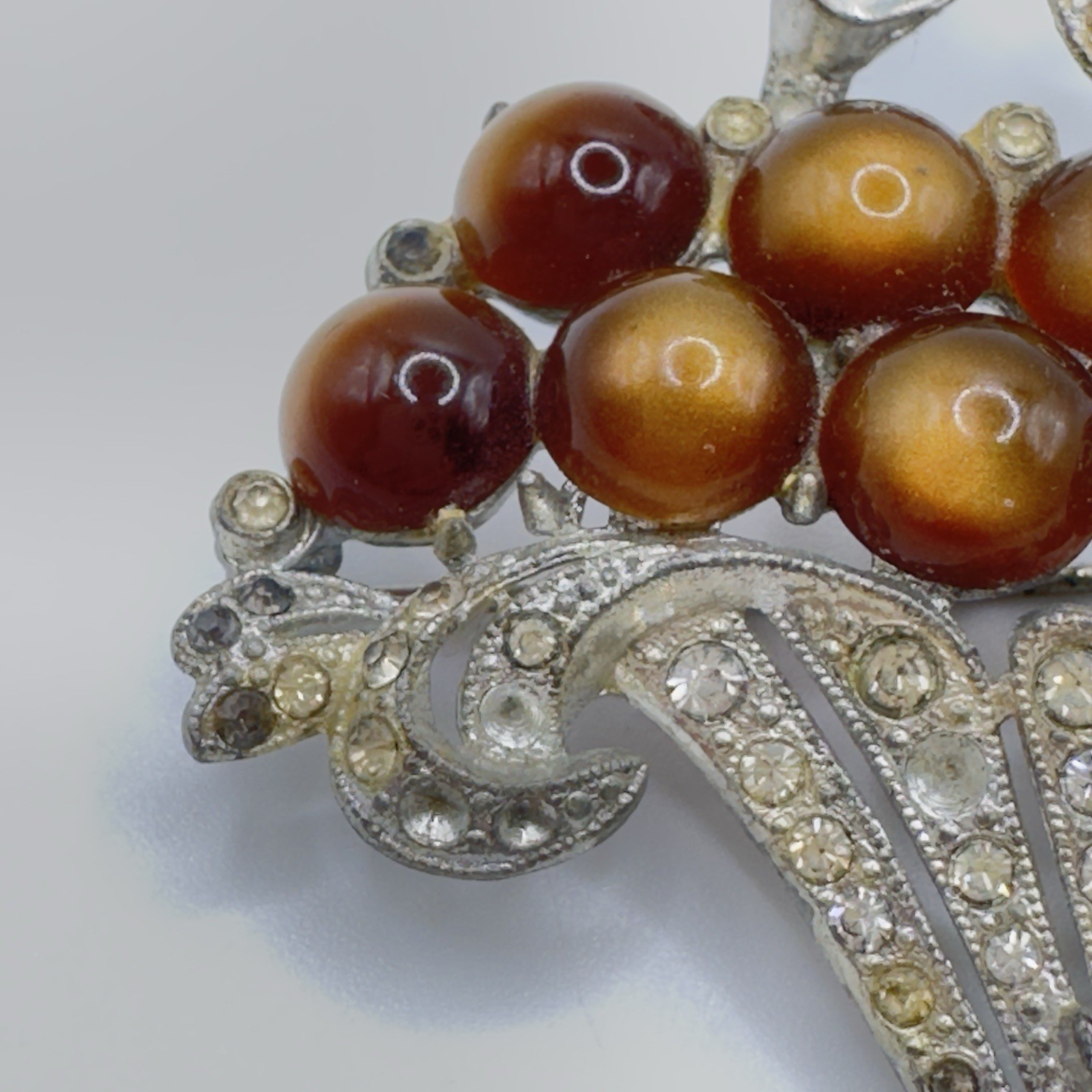 Vintage Pot Metal Brooch Moonglow & Rhinestone Flower Basket 2.5″ x 2.25″ READ