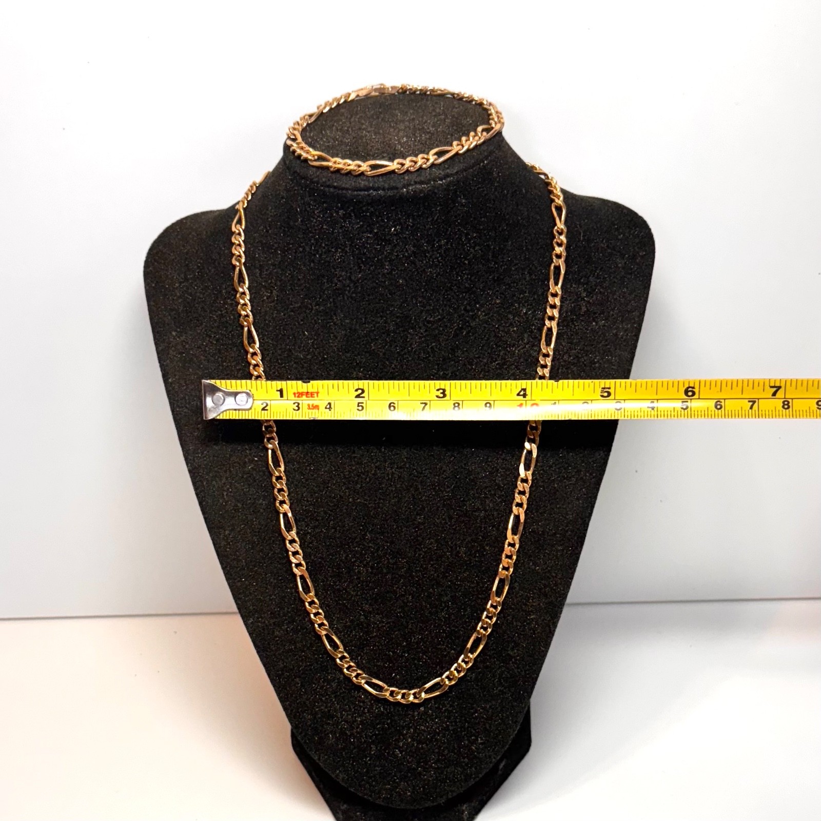 NECKLACE BRACELET SET goldtone metal figaro chain fold over clasp vintage