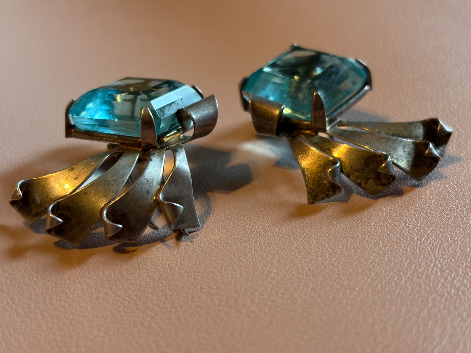 Vintage Art Deco Sterling Silver Emerald Cut Blue Topaz Drop Earrings