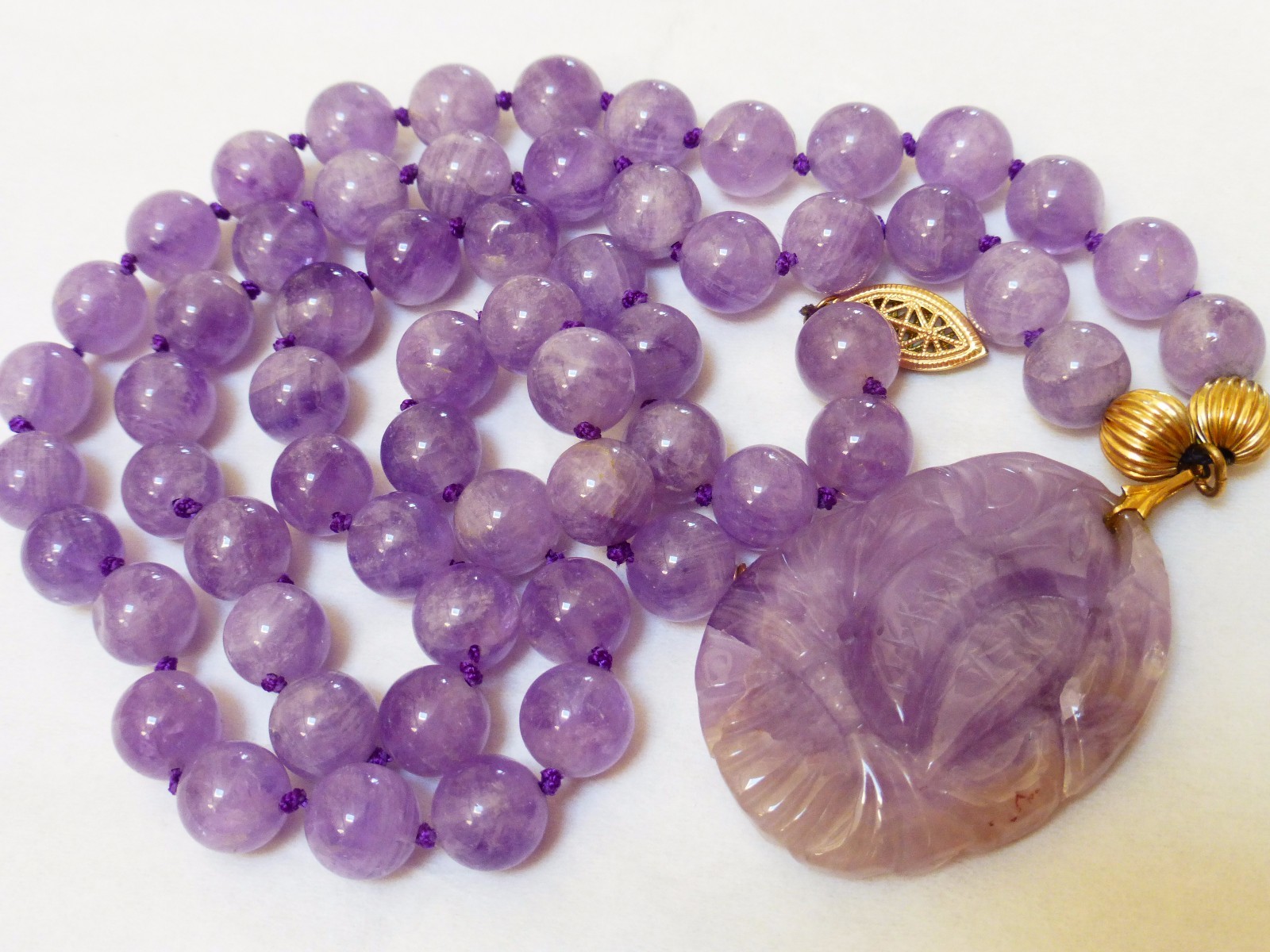VINTAGE AMETHYST BEAD NECKLACE PENDANT 14kgf