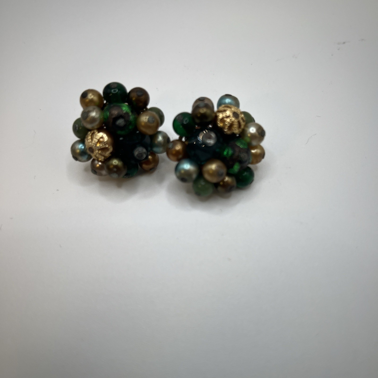 W. Germany Green Beads Glass Acrylic Earrings Clip on Closure Gold Tone Vintage,