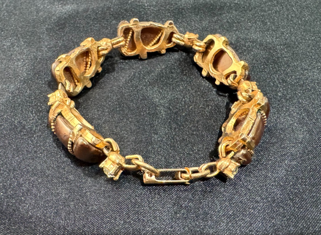 Vtg Bracelet Necklace Set MCM Regency Revival Brown 3D Textured Beads Gold Tone