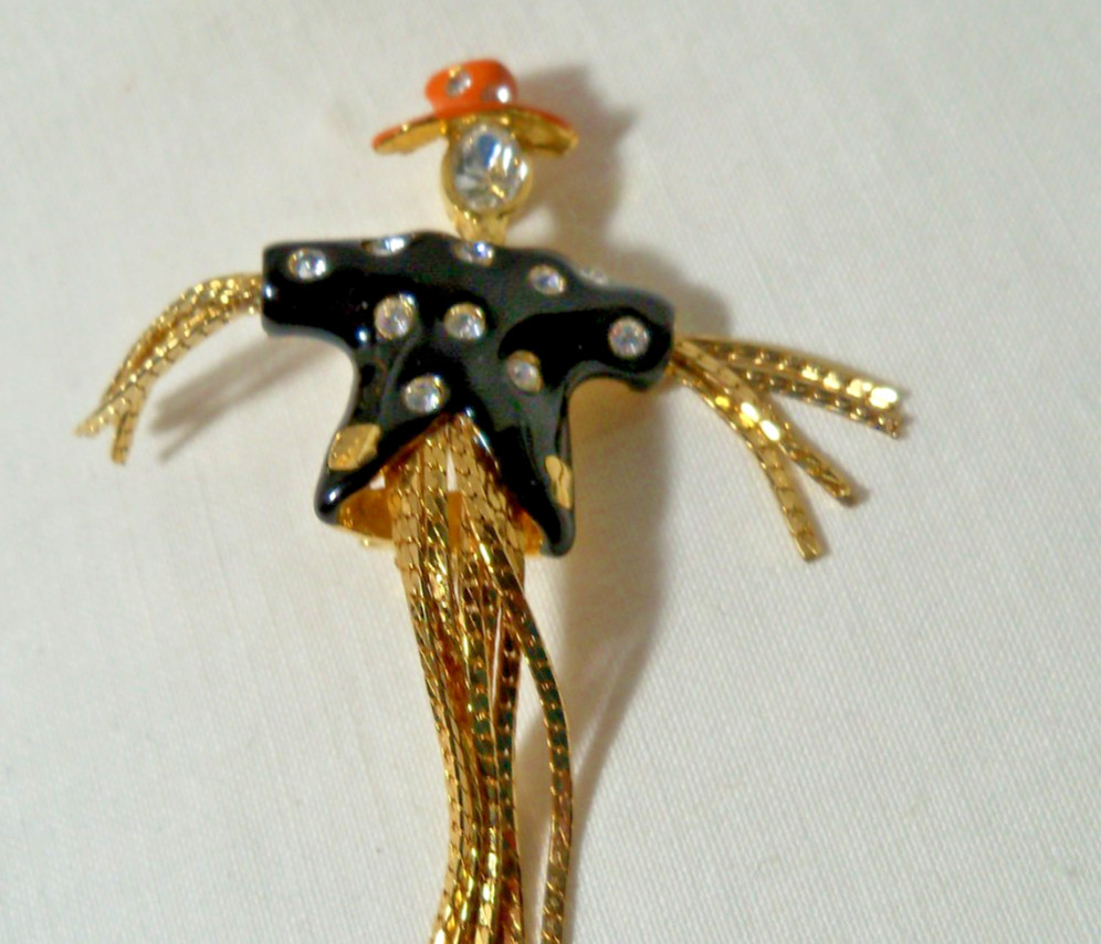 Whimsical Unique Scarecrow Enamel Rhinestone Brooch Pin
