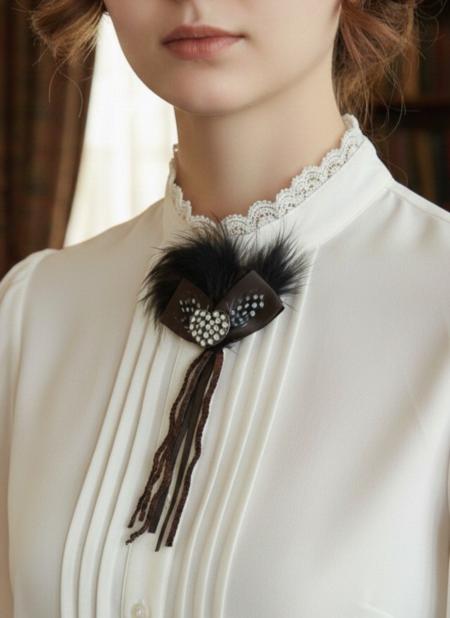Vintage Feather Rhinestone Brooch Pin Brown Ribbon Lapel Pin Women Gift