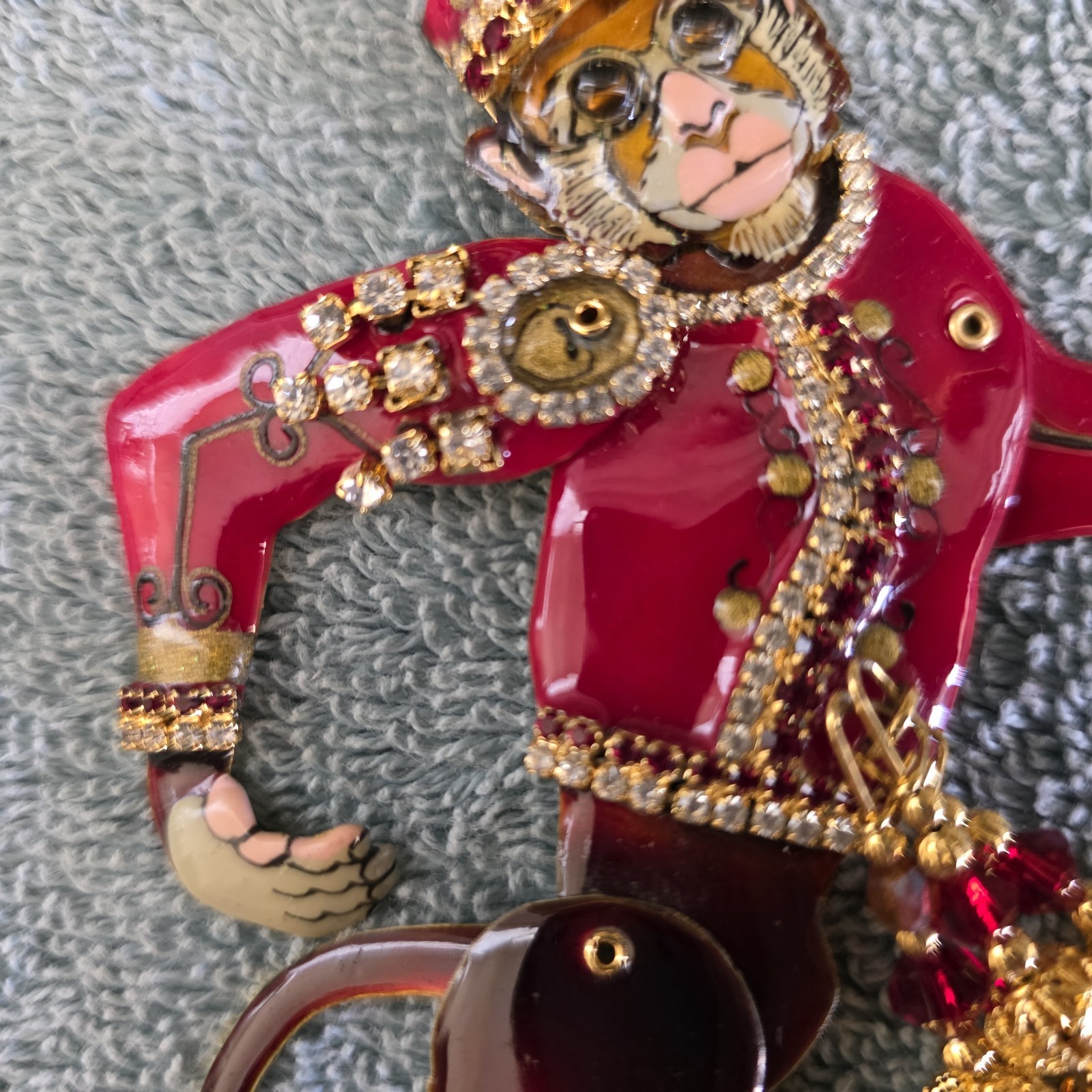 Vintage RARE Lunch At The Ritz Articulating Monkey Grinder Enamel Crystal Brooch