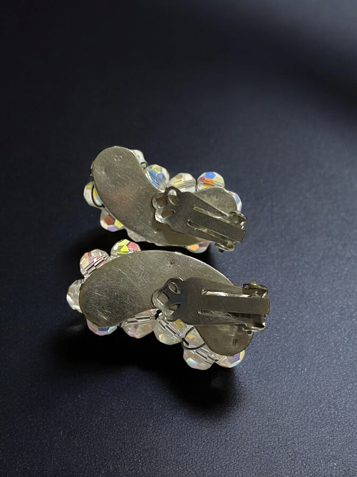 Vintage Climber Aurora Borealis Cluster Clear Clip On Earrings Mid Century