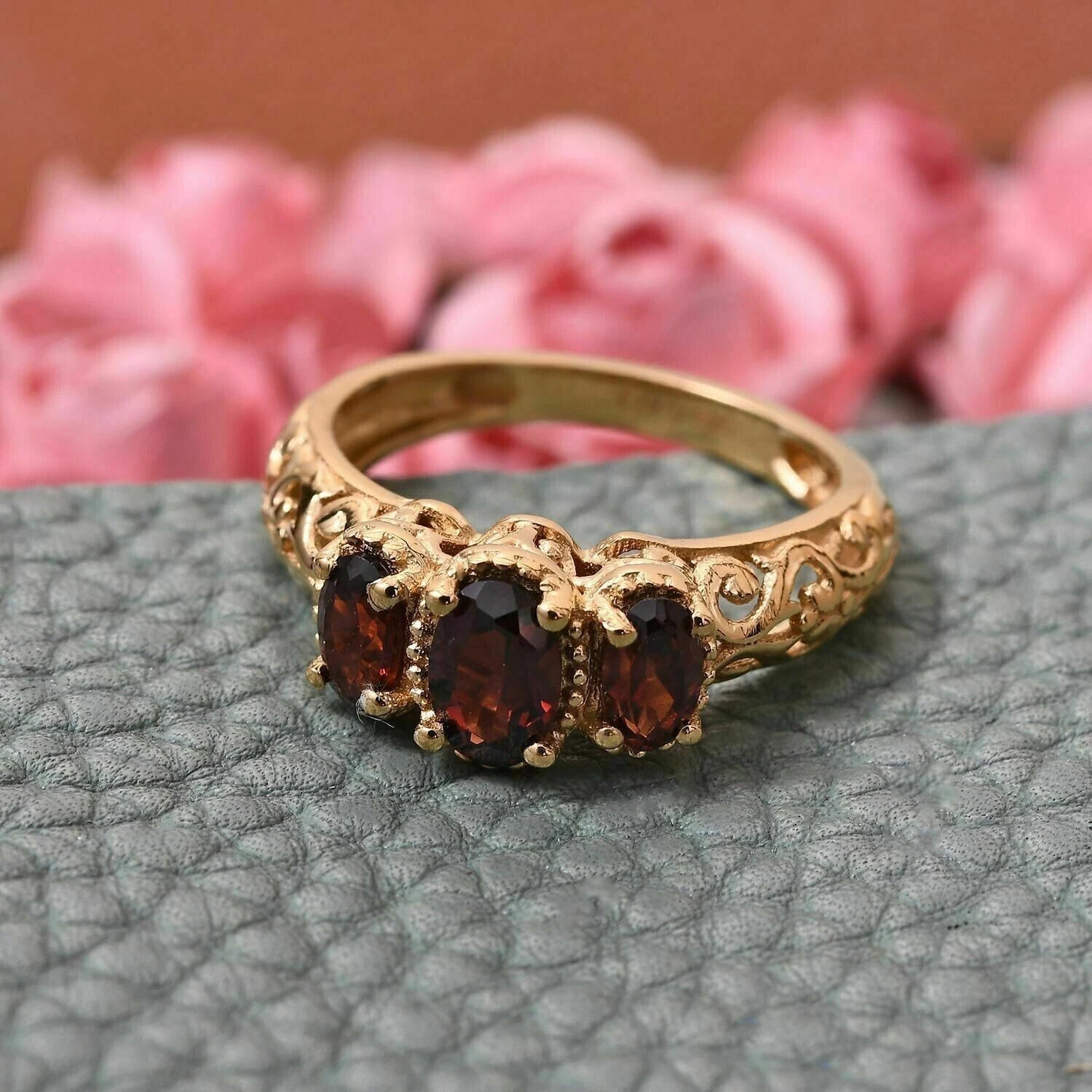 Art Deco Antique Garnet & Lab Created Diamond Three Stone 14K Gold Finish Ring