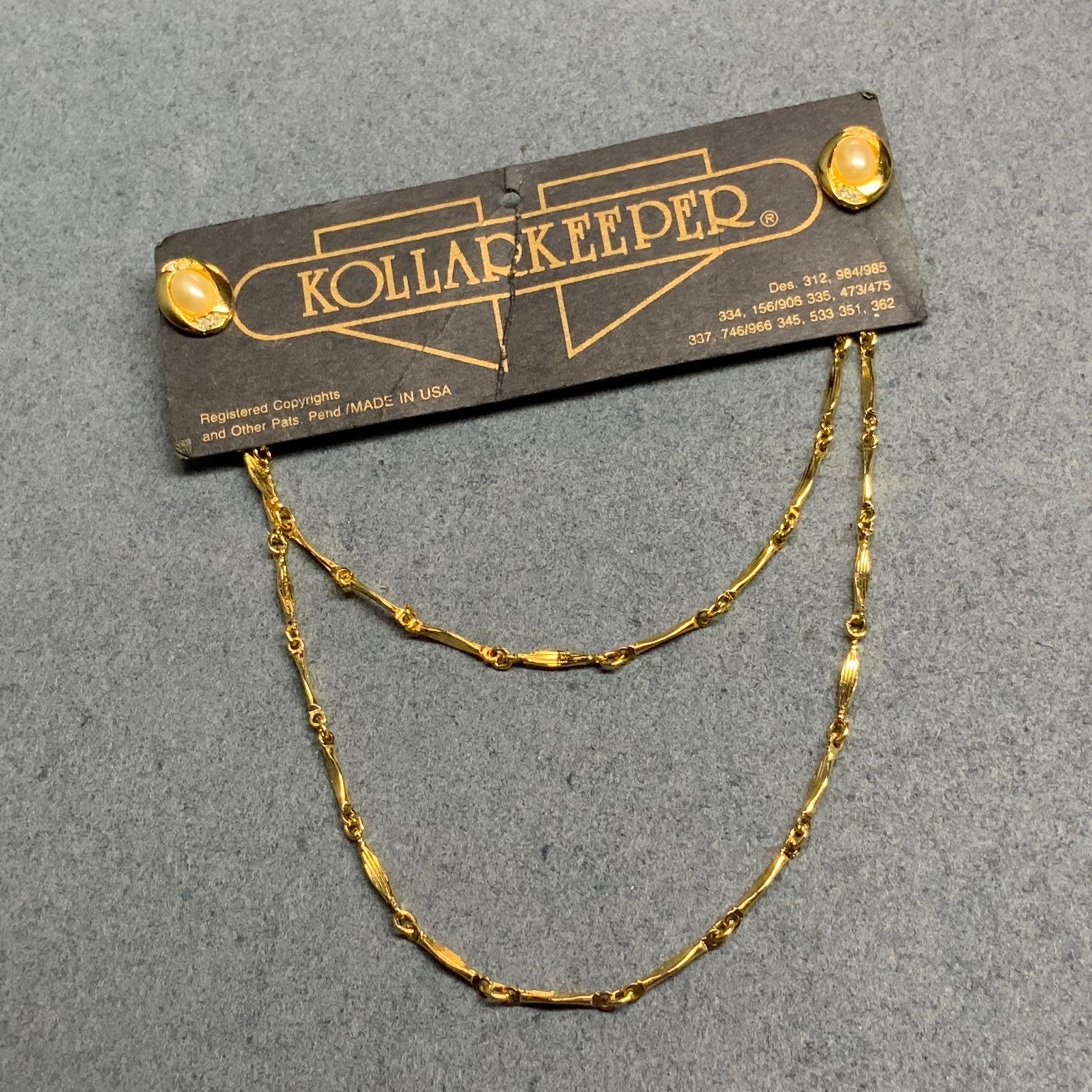 Vintage KollarKeeper Collar Clips Gold Double Chain Pearl Rhinestone New On Card
