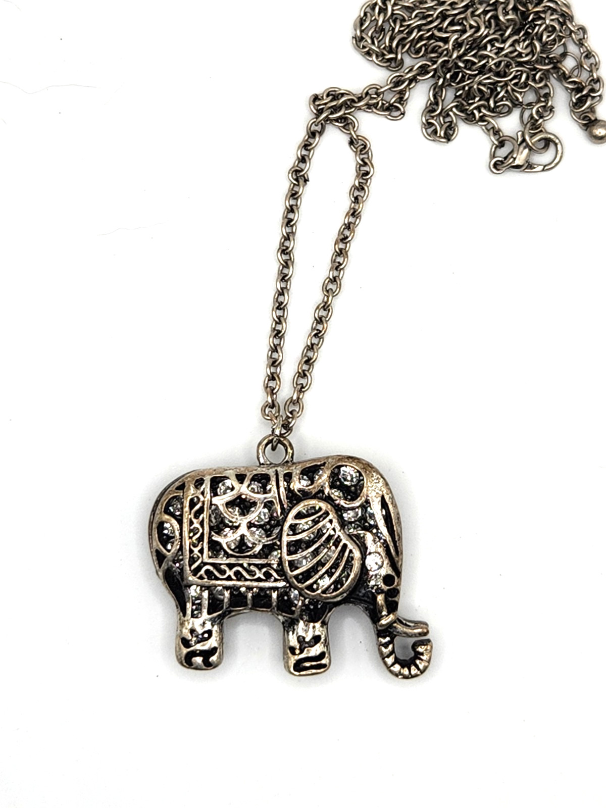 Vintage Large Silver Clear Rhinestone Accents Elephant Pendant Open Silver 24″