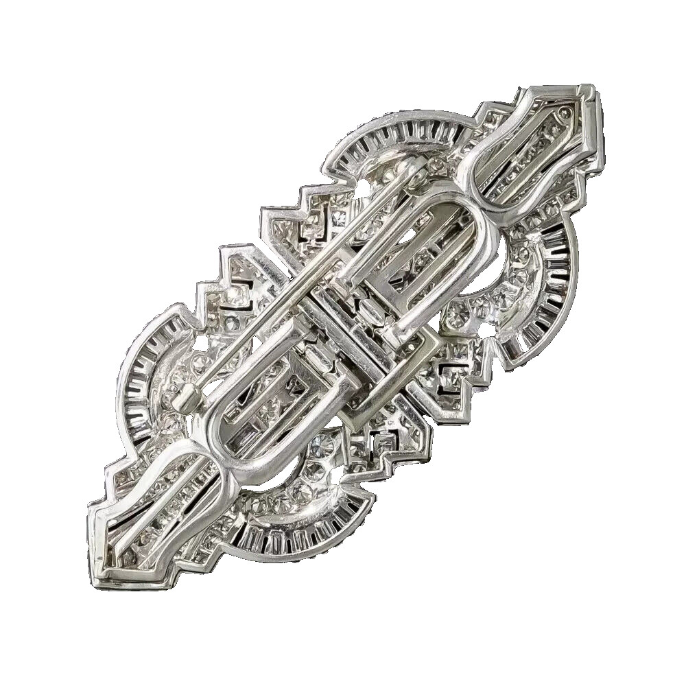 Art deco Geometric design Brilliant cut diamond Brooch pin in 925 Silver