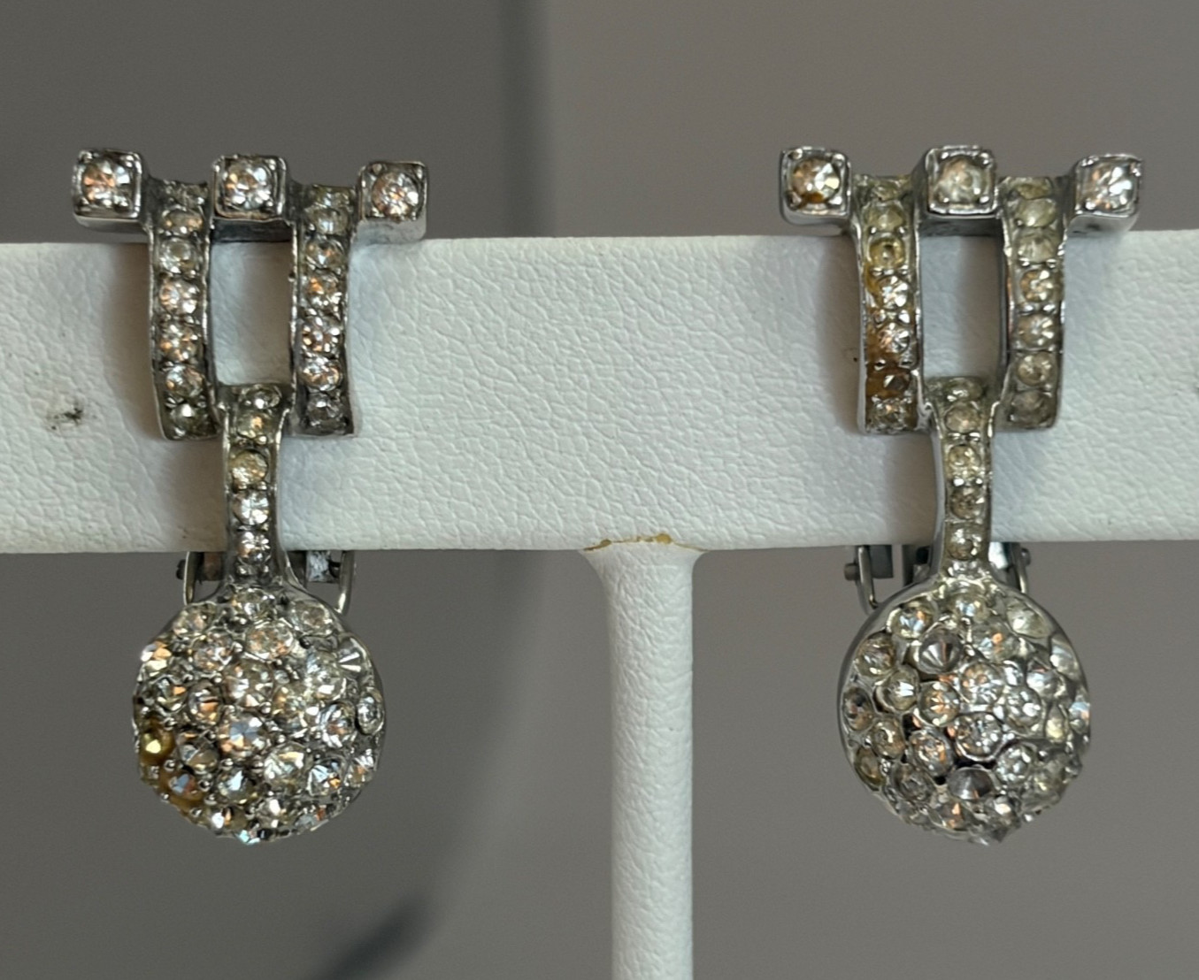 Art Deco Sterling Silver Rhinestone Drop Earrings Pat Pend Vintage 1930s