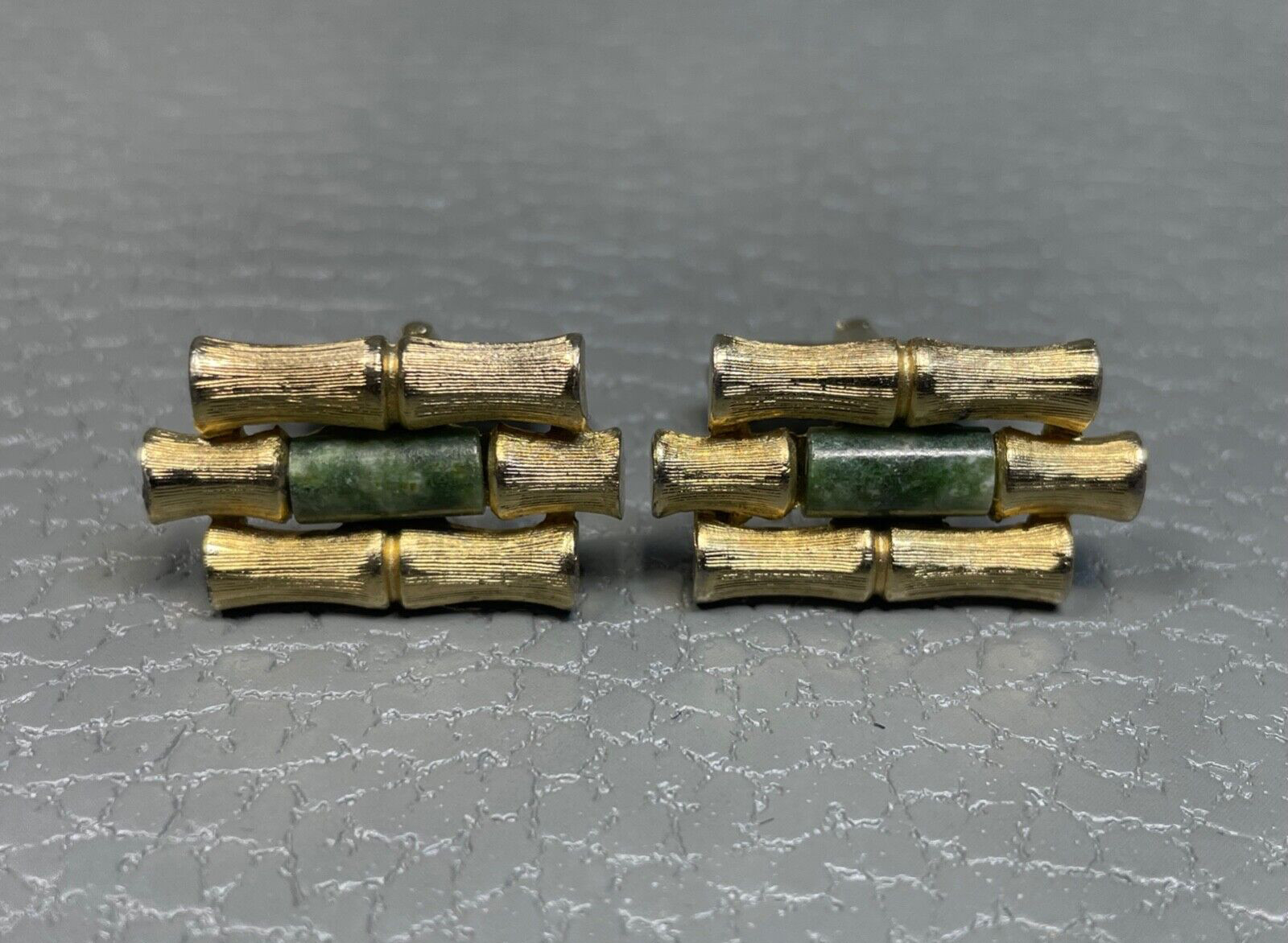 Vintage Jade Bamboo Yellow Gold Plated Cuff Links