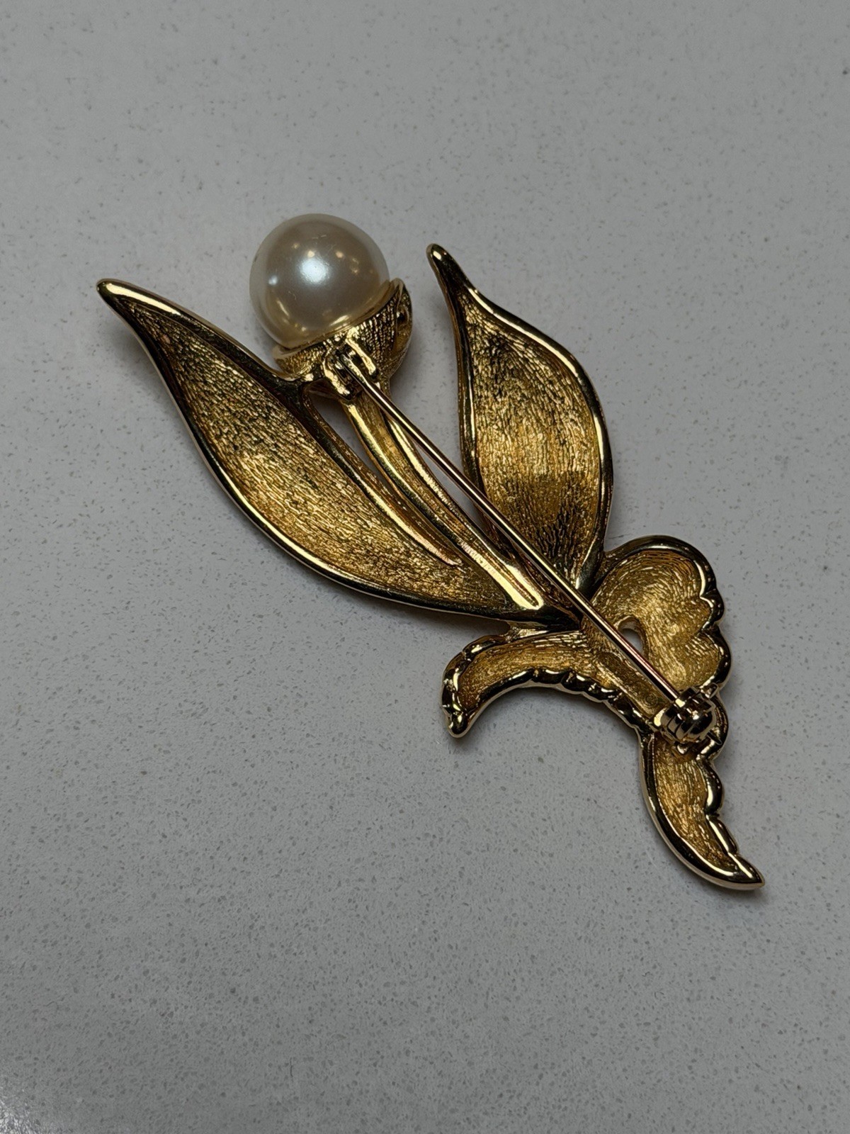 Vintage Christian Dior Gold Tone Faux Pearl Rhinestone Floral Brooch Signed