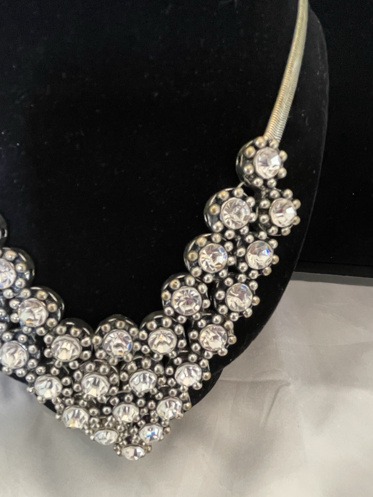 Vintage ALDO Drop “V” Rhinestone Necklace Silver Tone Snake Chain STATEMENT BIB