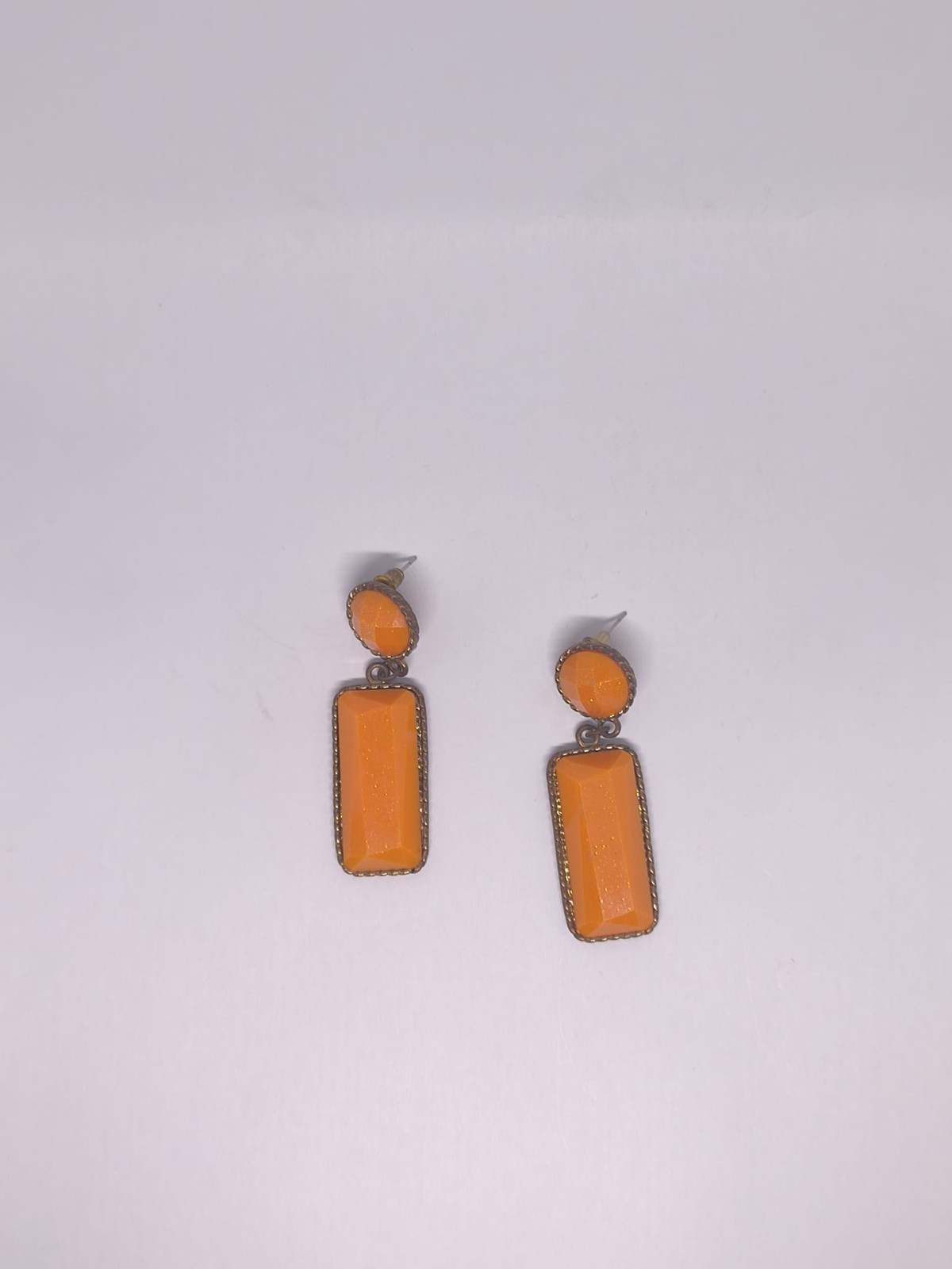Vintage Art Deco Orange Lucite Dangle Earrings Gold Tone Geometric Statement